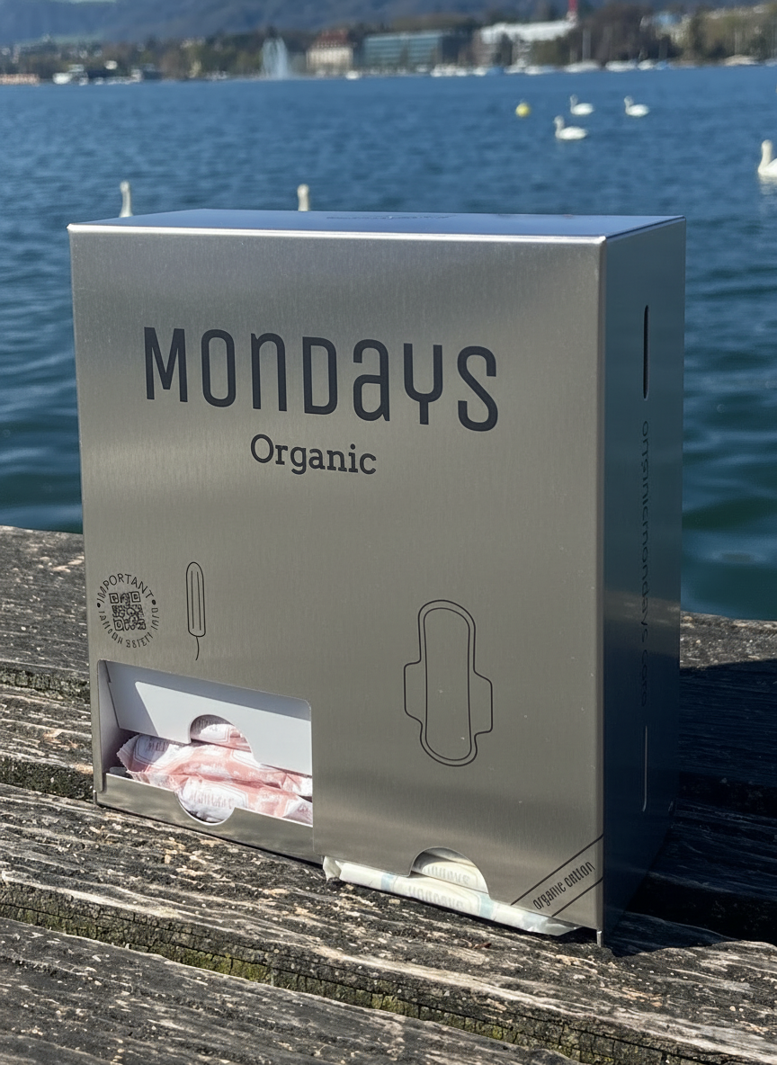 A white free-vend dispenser with the Mondays Organic brand visible, placed on a wooden surface with a body of water and sky in the background.
