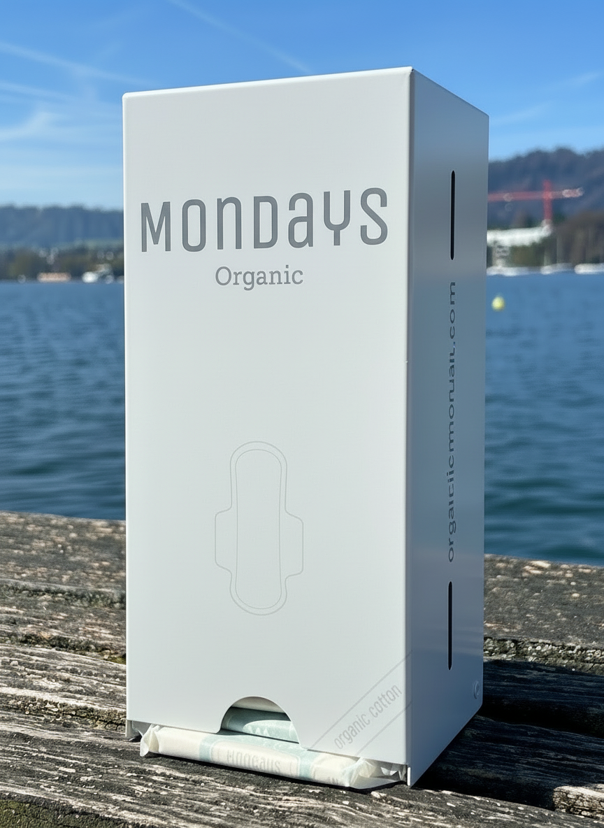 White Pad Dispenser with 'Mondays Organic' branding on a wooden surface with a scenic background