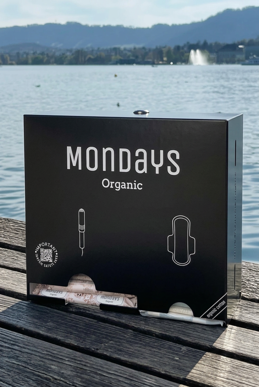 Mondays Organic BLACK dispenser for organic sanitary pads and applicator tampons sitting on a wooden surface with a lake and mountains in the background