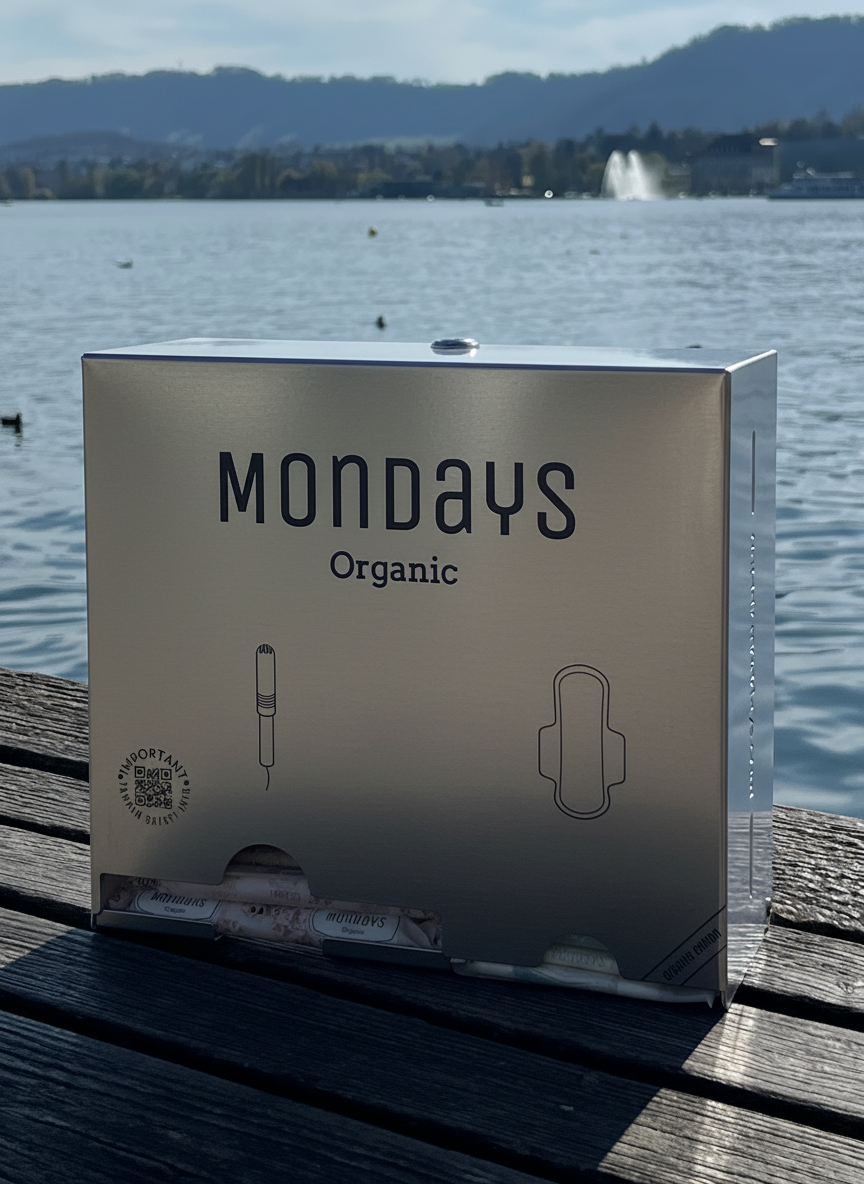 Mondays Organic pad and tampon dispenser made of stainless steel stiting on a wooden surface with a lake and mountains in the background. Elegant, compact and durable. An investment in your people that pays back time after time.