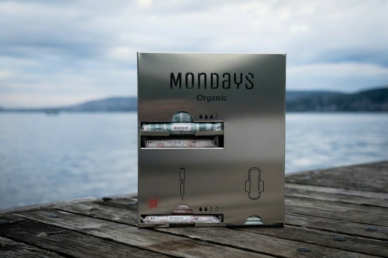 Stainless Steel Mondays Triple Menstrual Product Dispenser for 2 types of applicator tampon and 1 type of sanitary pad sitting on a wooden dock by a lake.