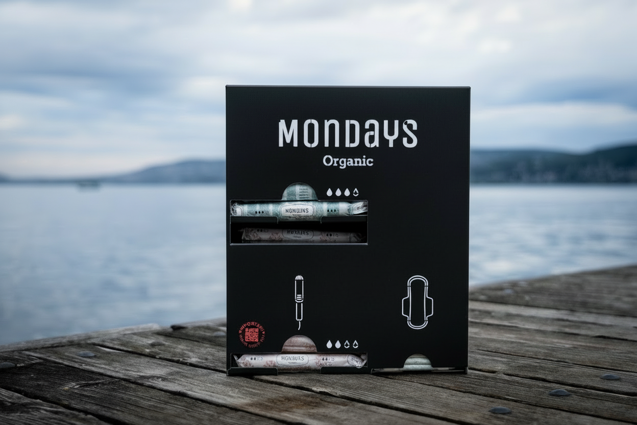 Black Menstrual Product Dispenser TRIPLE for 2 types of applicator tampon and 1 type of sanitary pad sitting on a wooden dock by lake