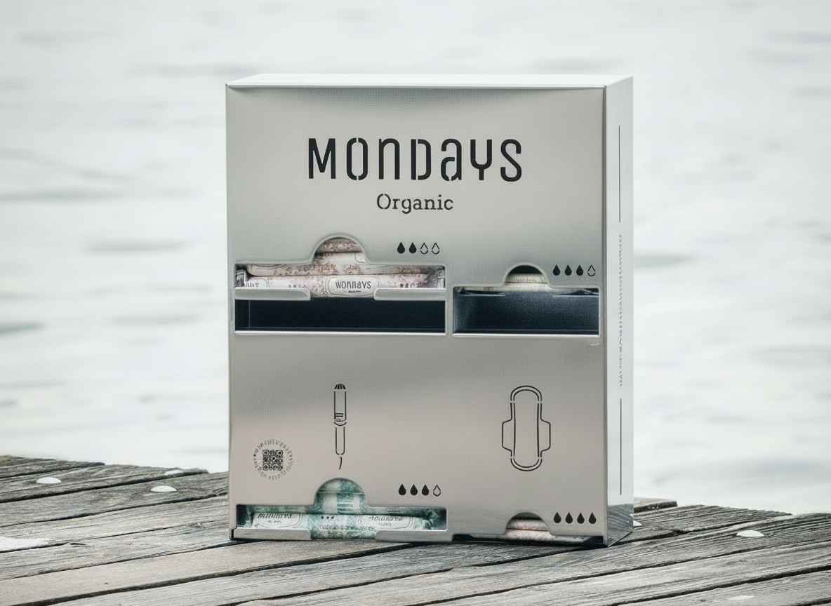 QUAD Dispenser in stainless steel 'Mondays Organic' branding on a wooden surface holds 2 types of applicator tampons and two types of sanitary pad.