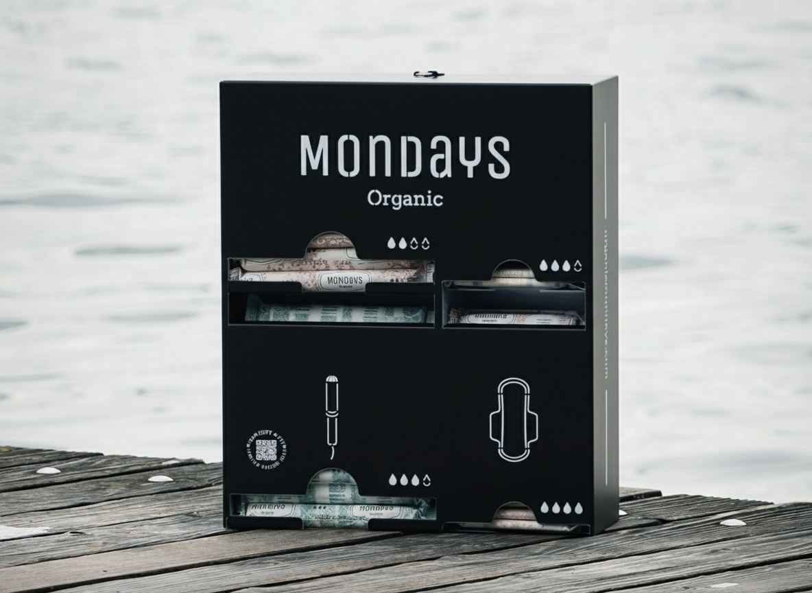 Stainless Steel Mondays QUAD Menstrual Product Dispenser painted black for 2 types of applicator tampon and 2 type of sanitary pad sitting on a wooden dock by a lake.